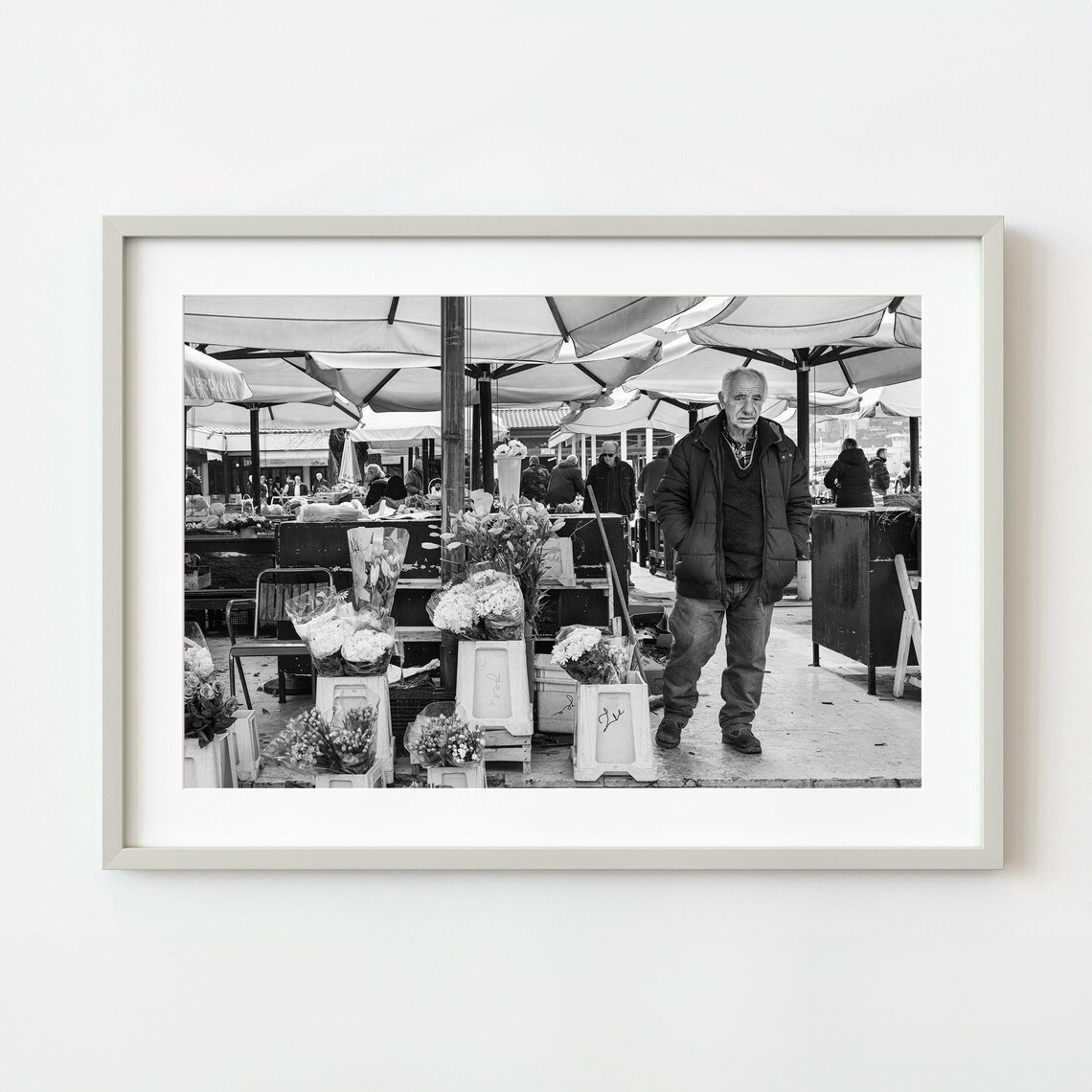 Elderly Flower Seller Market Vendor Black And White Street Photography Poster