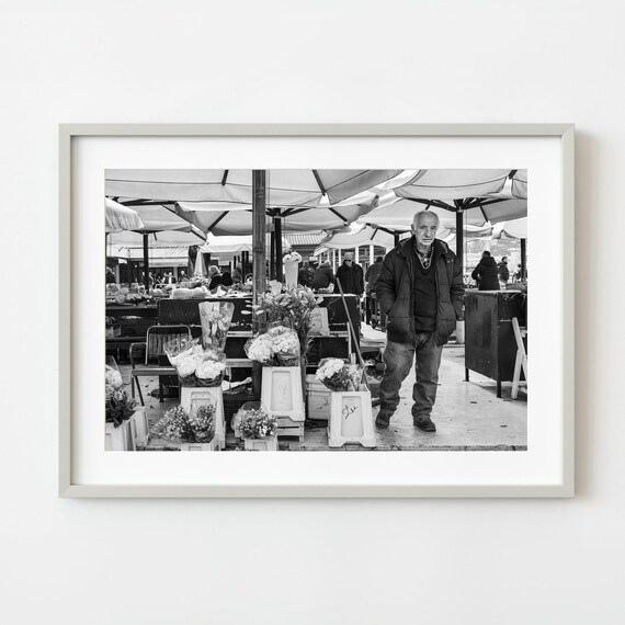 Elderly Flower Seller Market Vendor Black And White Street Photography Poster