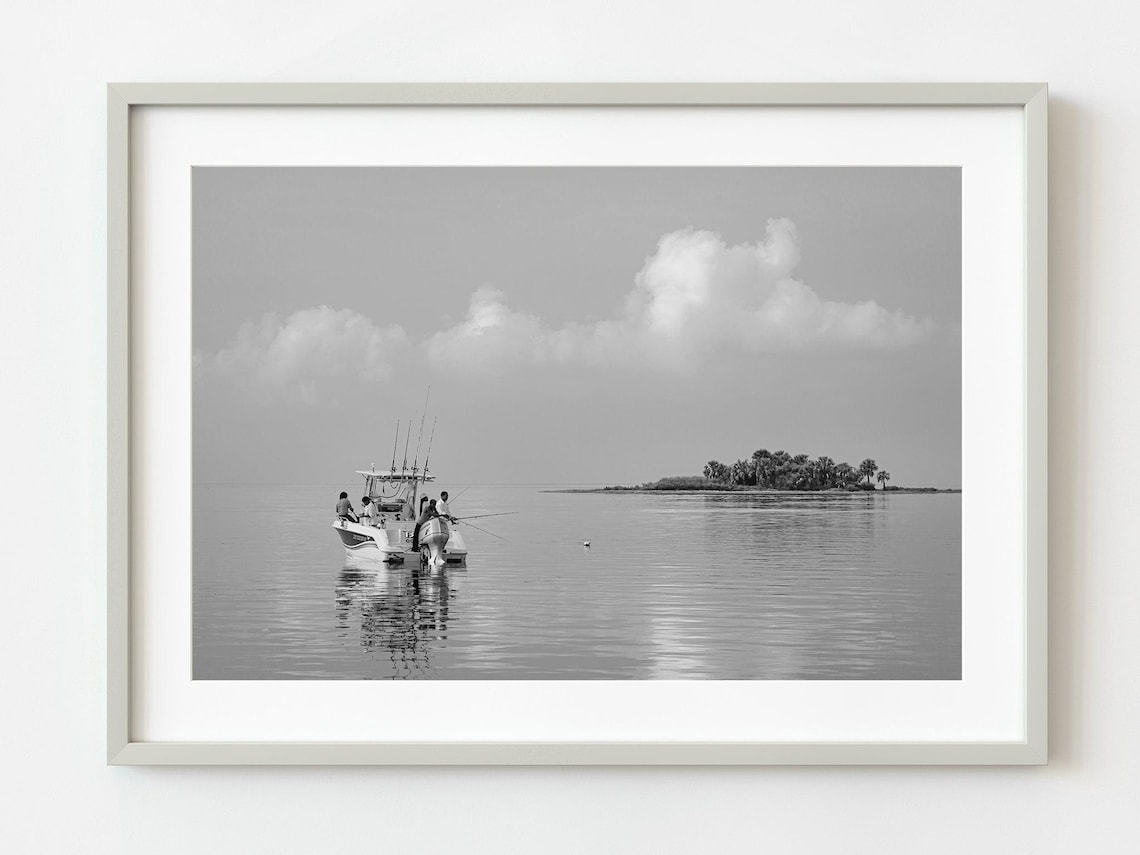 Black And White Fishing Boat Near A Palm Island Coastal Photo Poster