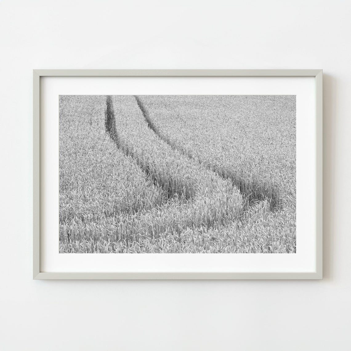 Wheat Field Tractor Tracks Black and White Rural Photo Poster