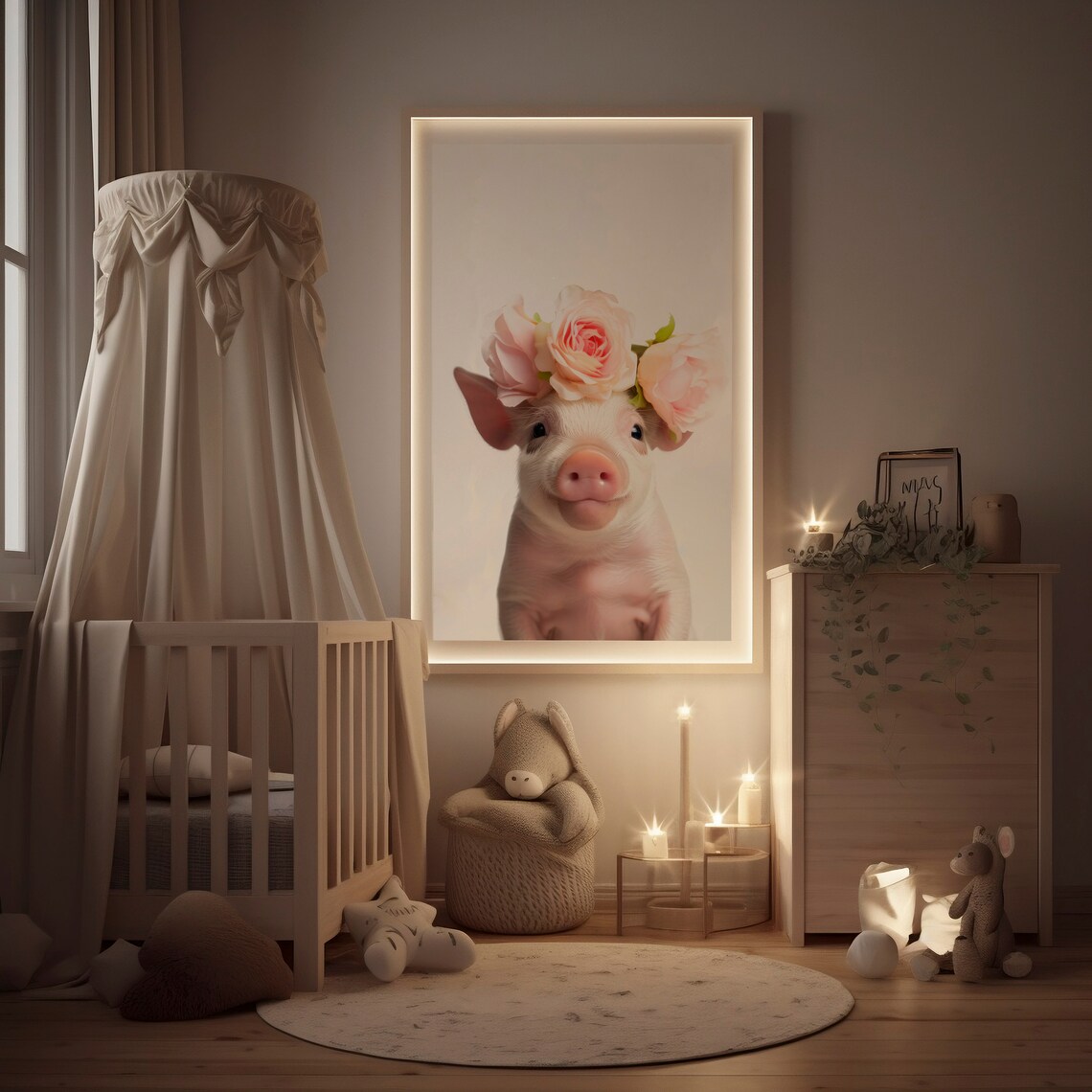 Adorable Baby Pig Rose Flower Crown Nursery Animal Art Print - Image 3