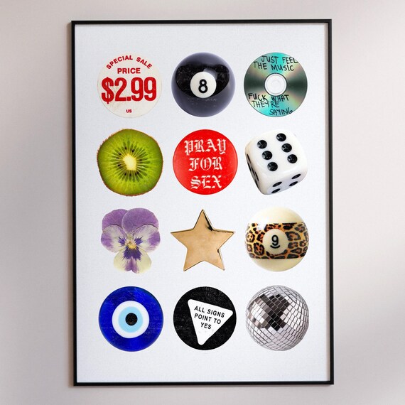 Retro Pop Culture Collage Grid Disco Ball Lucky Symbols Poster