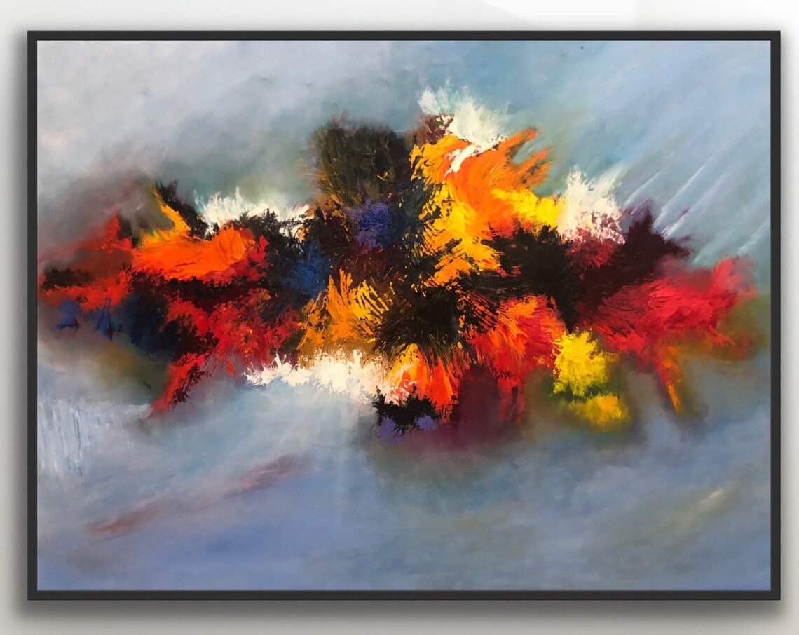 Bold Color Burst Abstract Art Blue Background Fiery Modern Splash Poster - Image 2