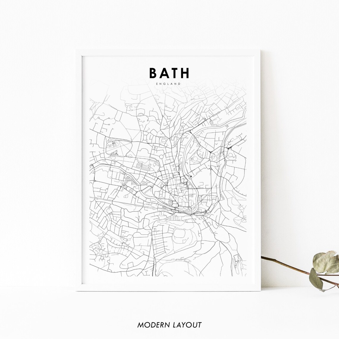 Bath England Minimal Black and White City Street Map Travel Poster