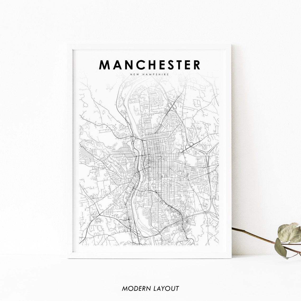Manchester New Hampshire Minimalist City Street Map Black White Poster
