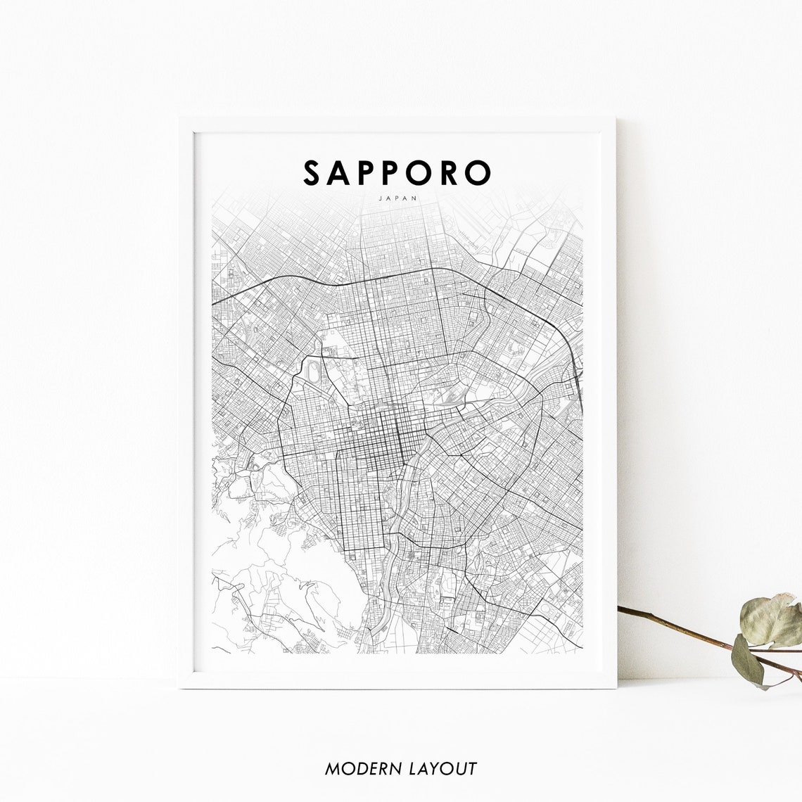 Sapporo Japan Minimalist City Street Map Print Black And White