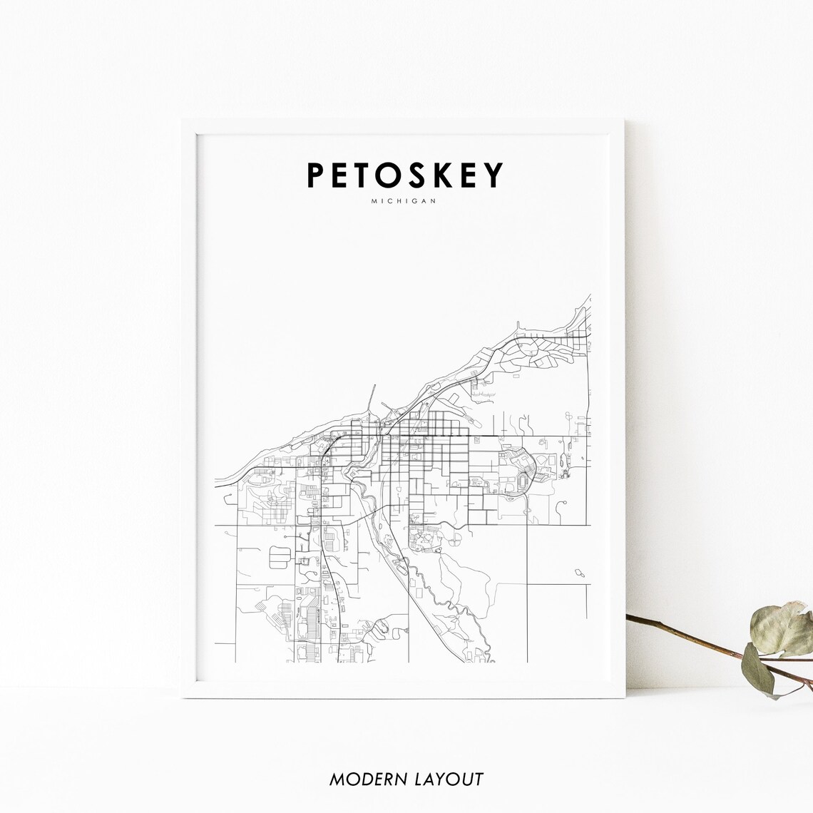 Petoskey Michigan Black And White Lakeside Street City Map Poster