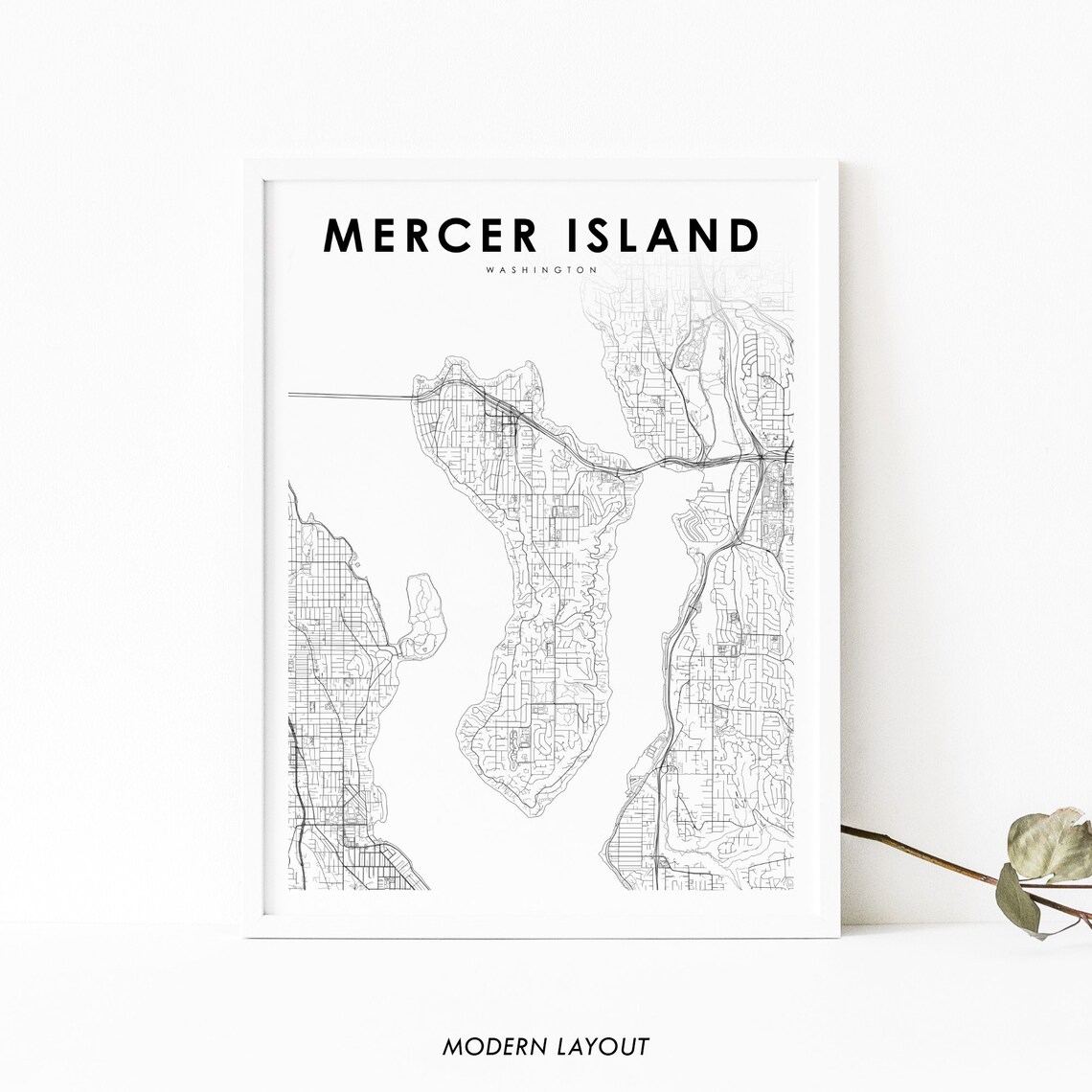 Mercer Island Washington City Map Minimalist Black and White Poster