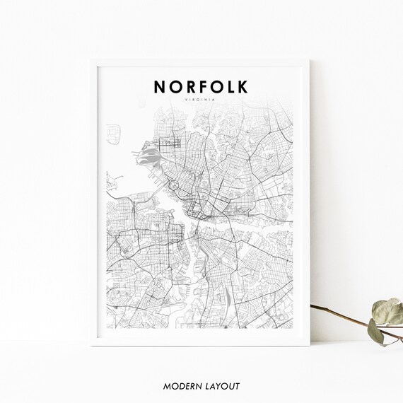 Downtown Norfolk Va Map Print Virginia Usa Art Poster City Street Road Nursery Room Wall Office Decor