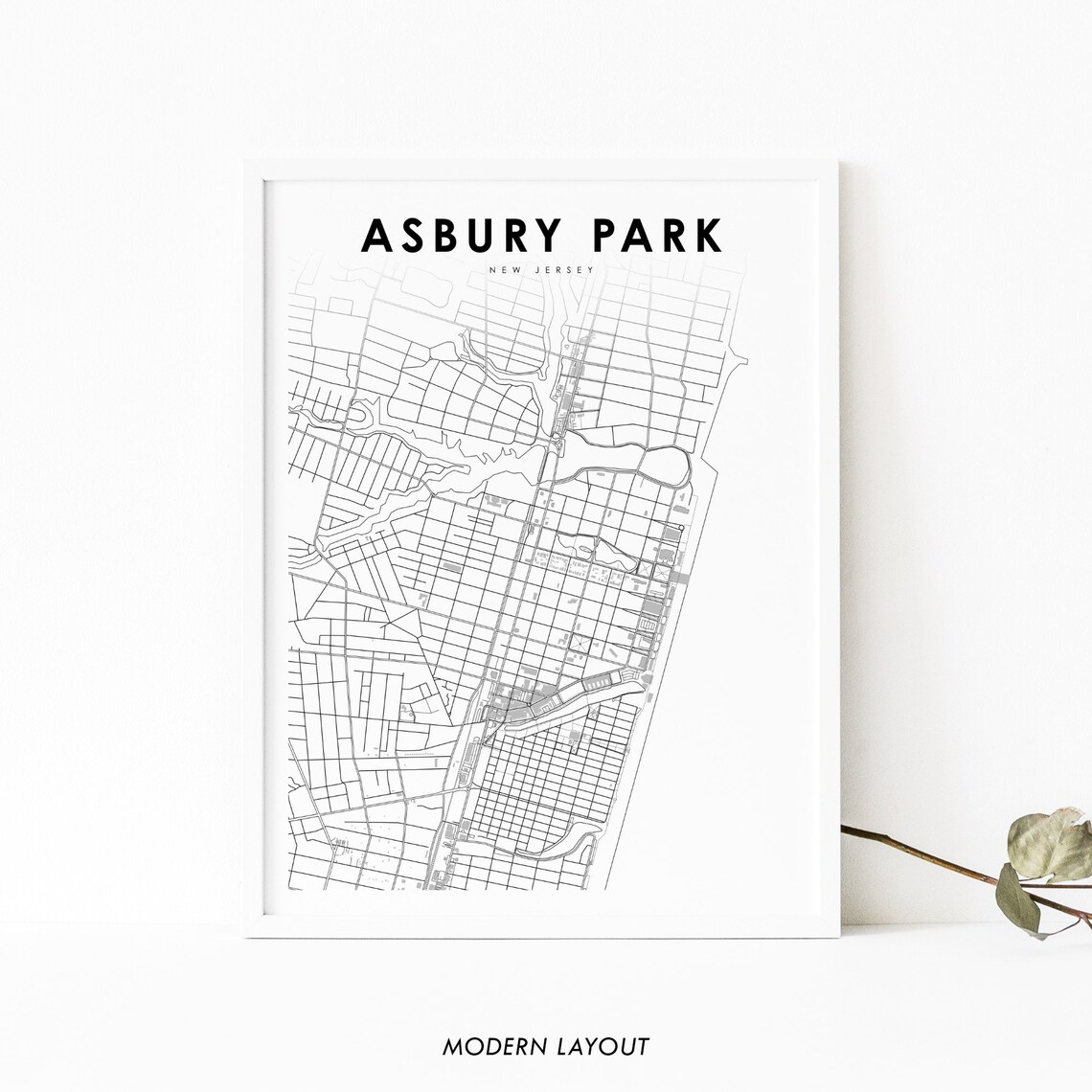 Asbury Park NJ Map Print, New Jersey Road Poster