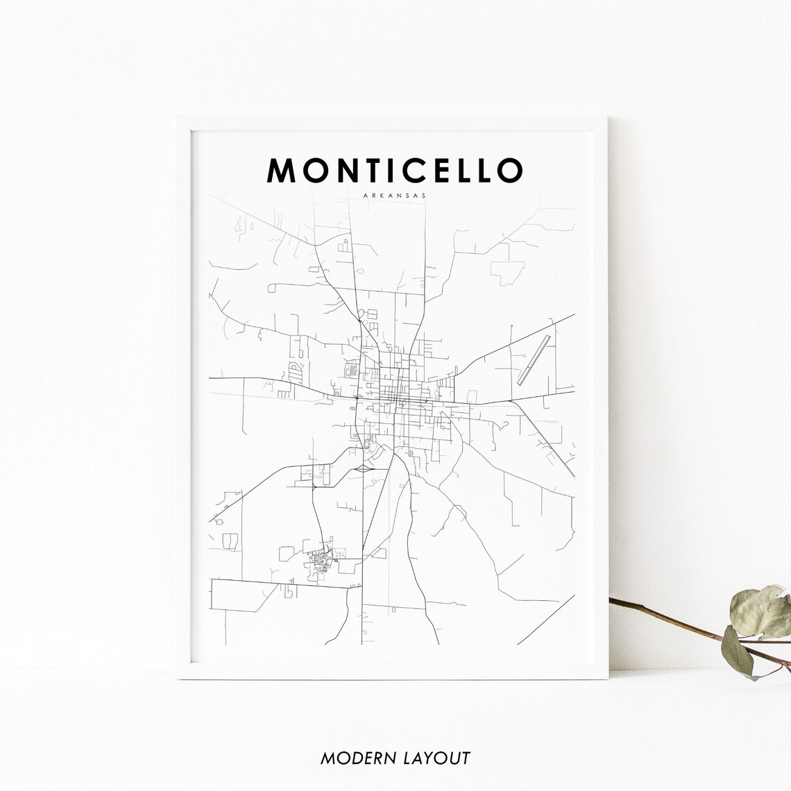 Monticello Arkansas Minimalist City Street Map Black Line Art Poster