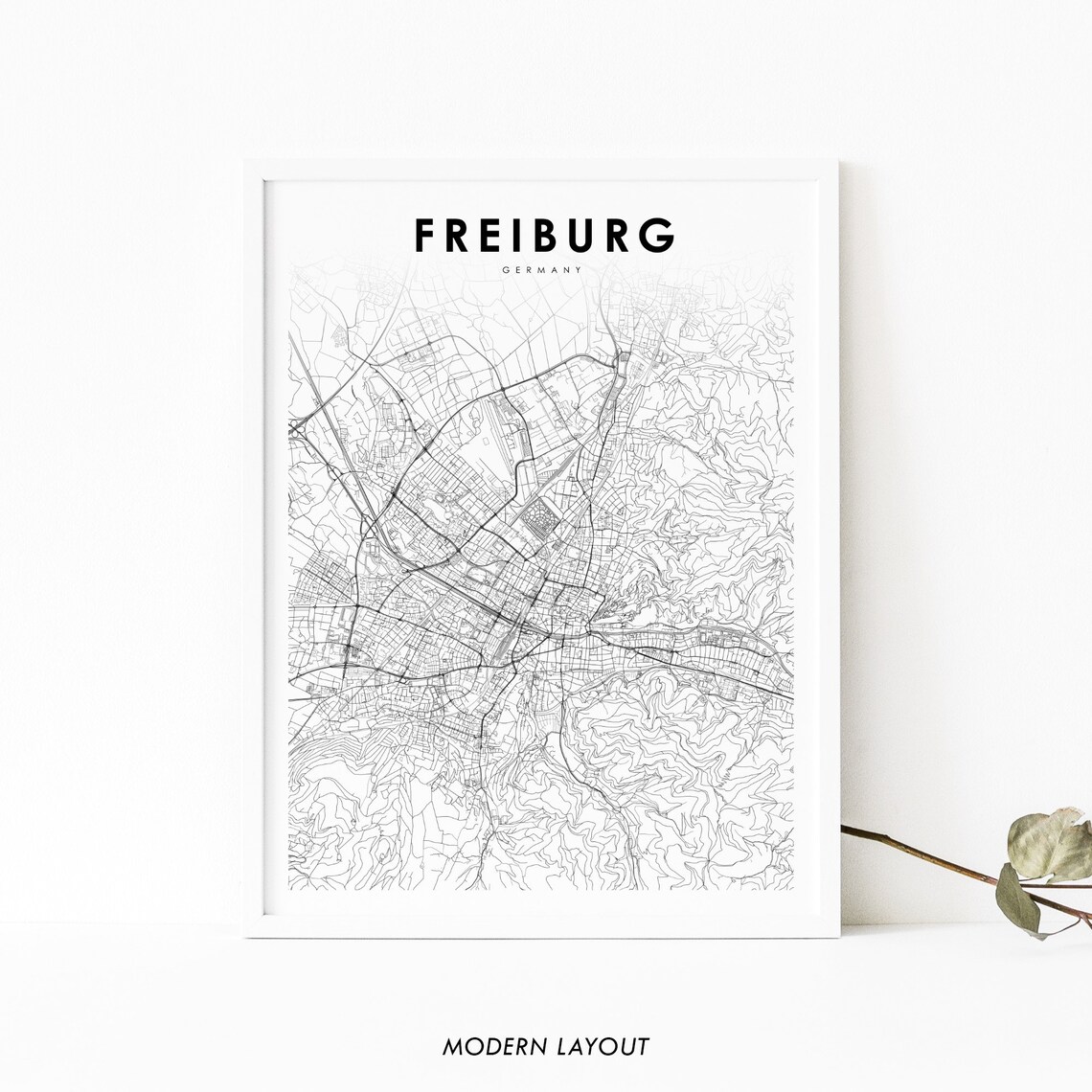 Freiburg Germany Minimalist Black and White City Street Map Poster