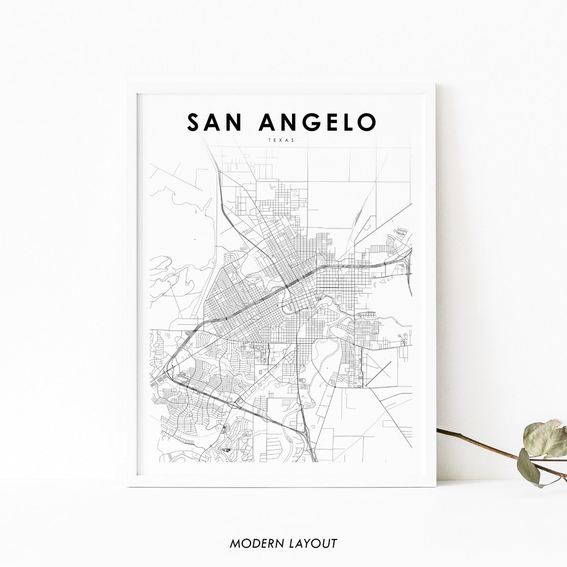 San Angelo Texas Minimalist Black and White Street Map Poster