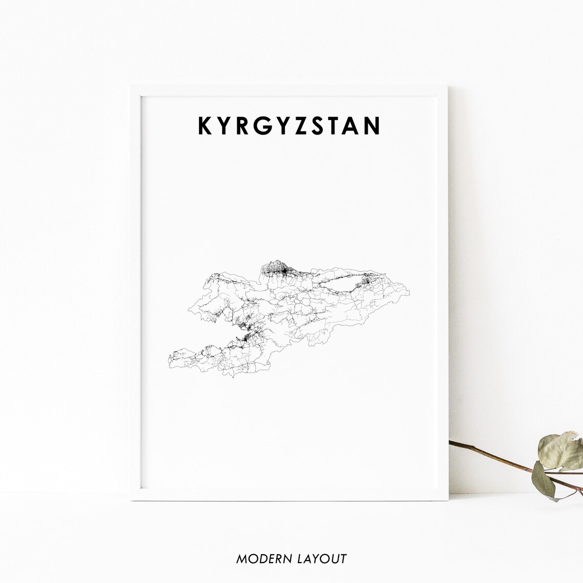 Kyrgyzstan Country Road Network Map Minimalist Black Line Art Poster