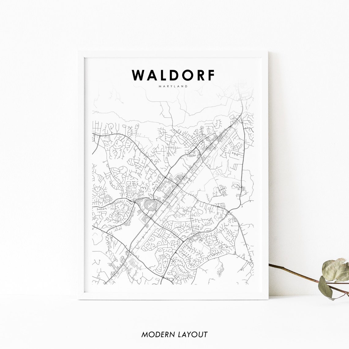 Waldorf Maryland USA Modern Minimalist City Street Map Wall Print