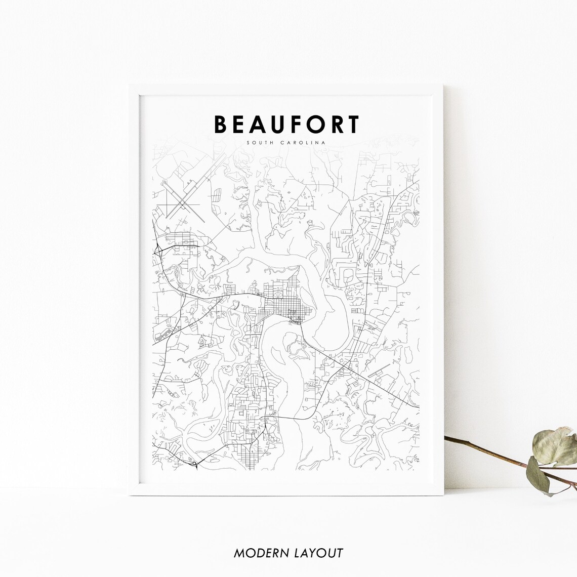 Beaufort South Carolina Modern Black and White Street Map Poster