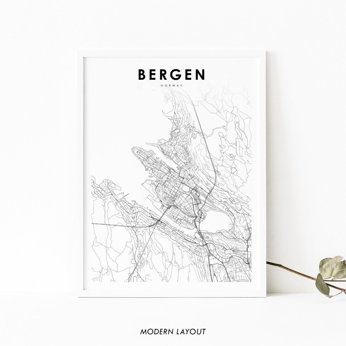 Bergen Norway City Street Map Modern Minimalist Line Art Print