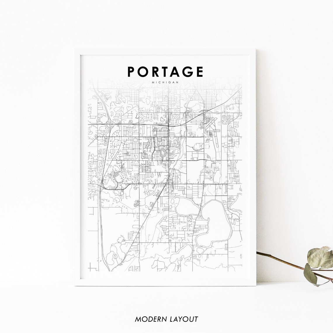 Portage Michigan City Street Map Minimalist Black and White Art Poster