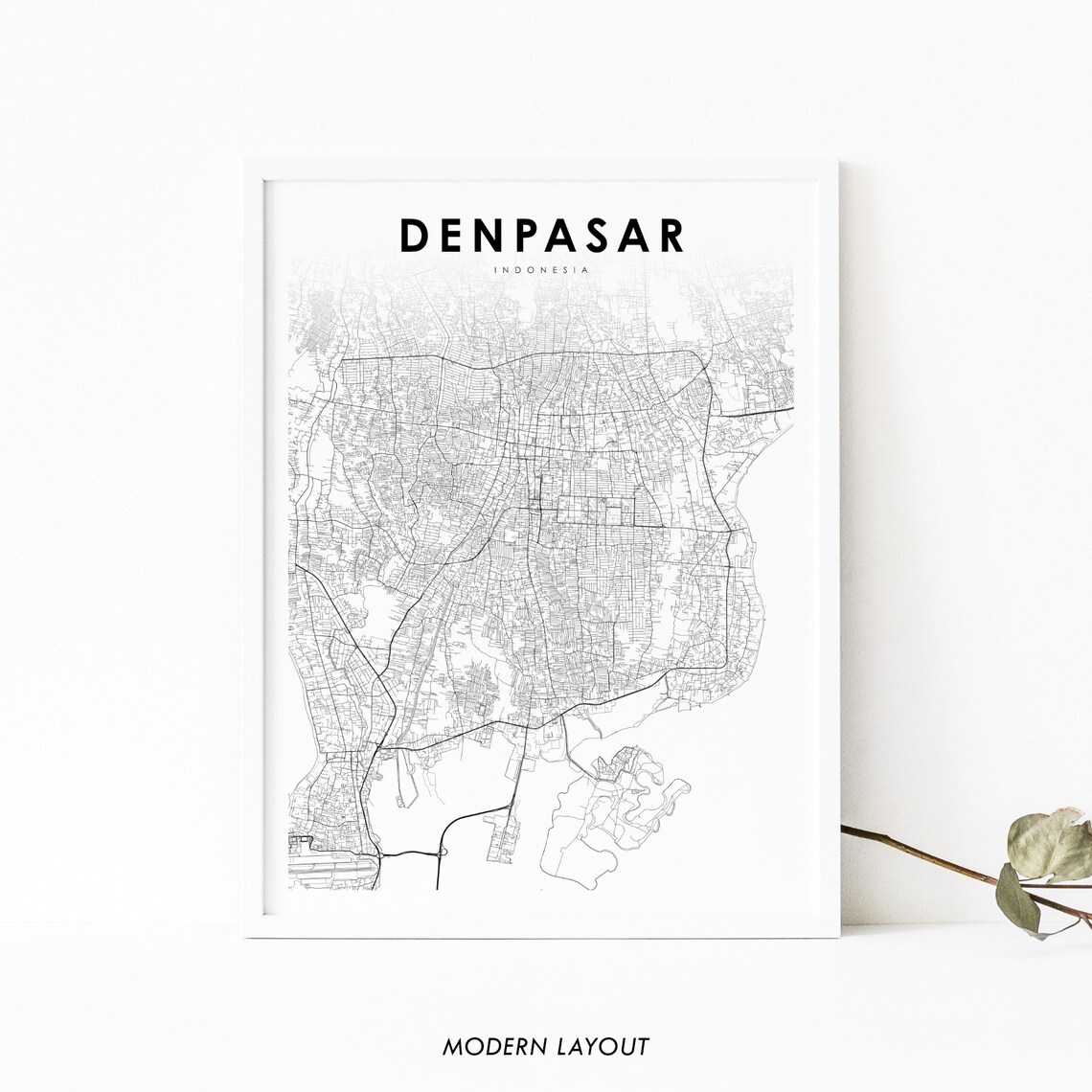 Denpasar Indonesia Minimalist City Street Map Black and White Wall Art