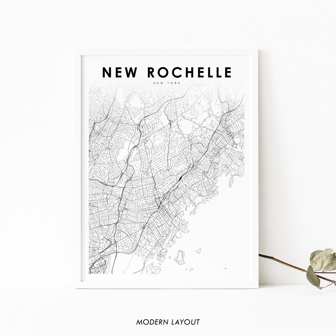 New Rochelle New York Modern Black and White City Street Map Poster