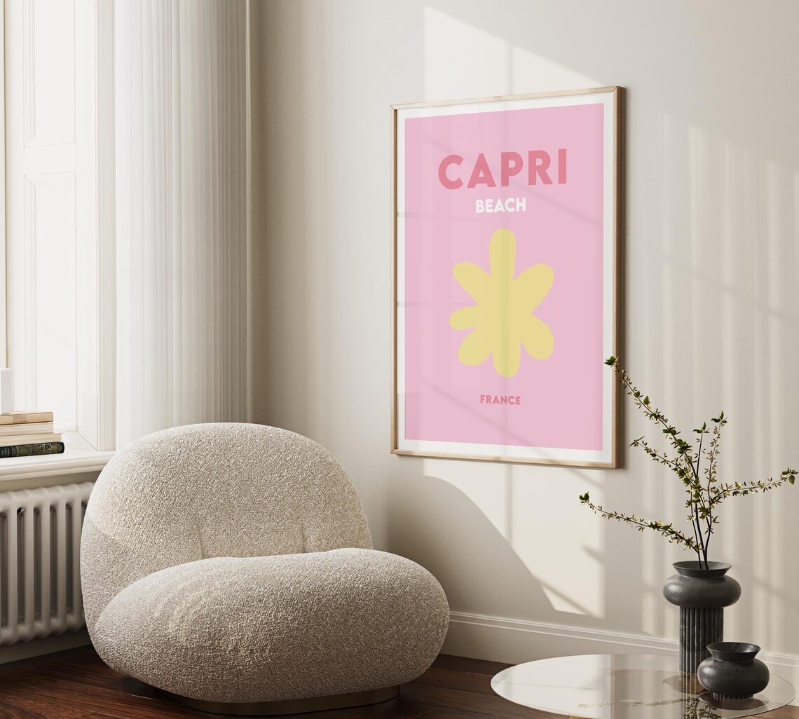 Capri Beach France Pink with Yellow Flower Minimalist Travel Poster - Image 3