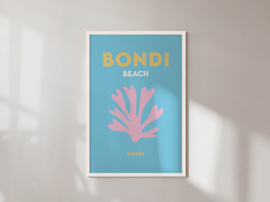 Bondi Beach Sydney Minimalist Light Blue Pink Coral Travel Poster