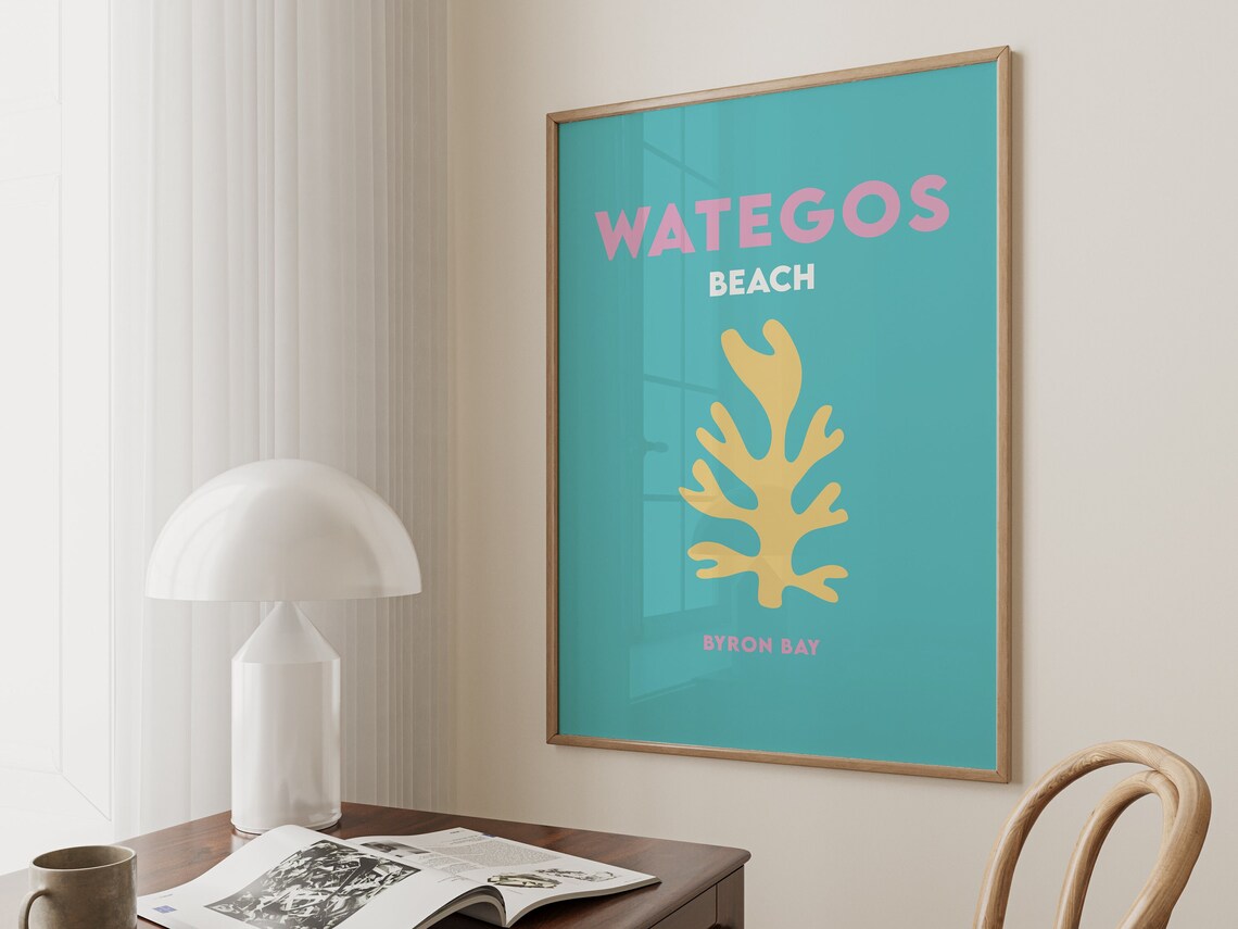 Wategos Beach Byron Bay Teal with Yellow Coral Travel Poster - Image 5