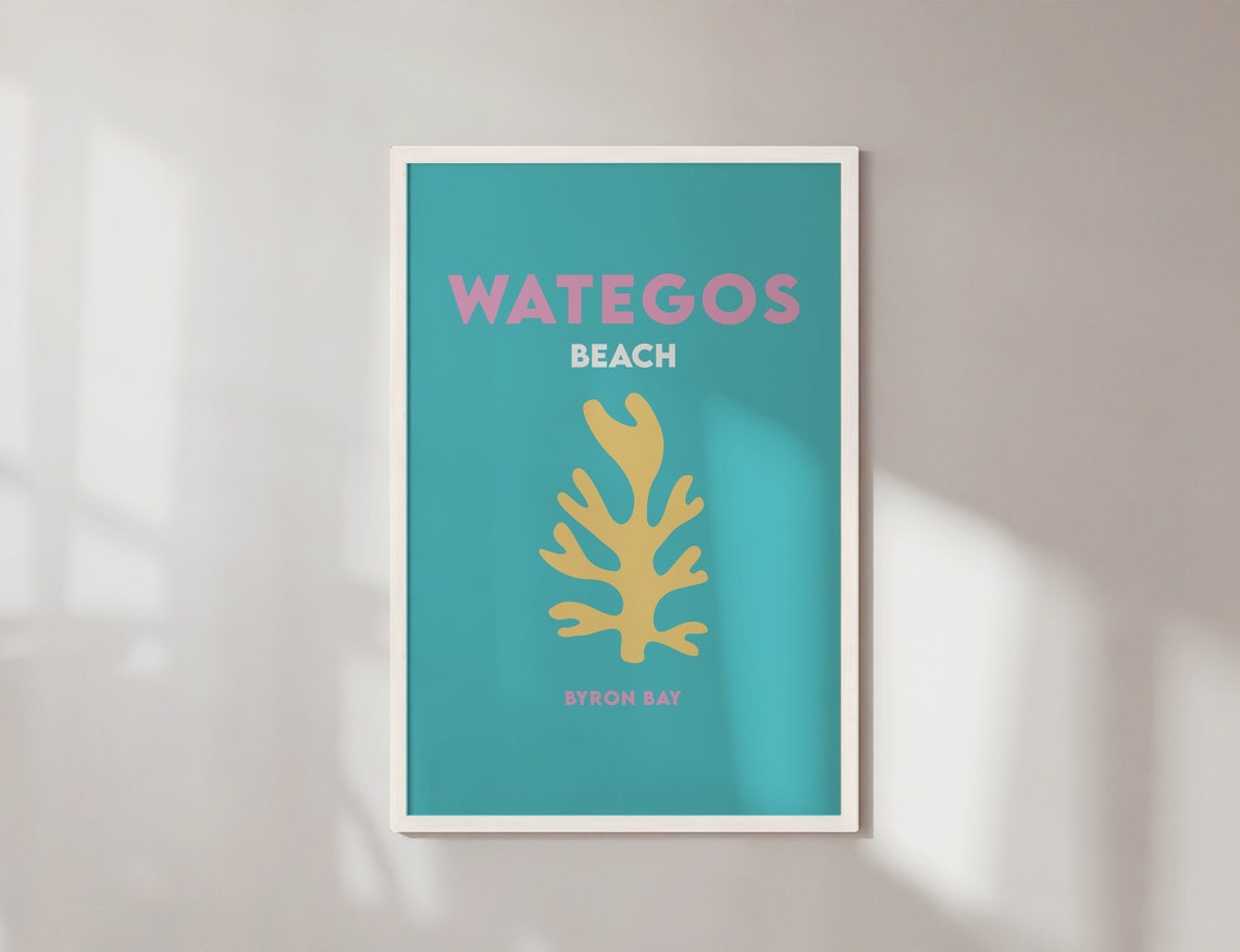 Wategos Beach Byron Bay Teal with Yellow Coral Travel Poster - Image 4