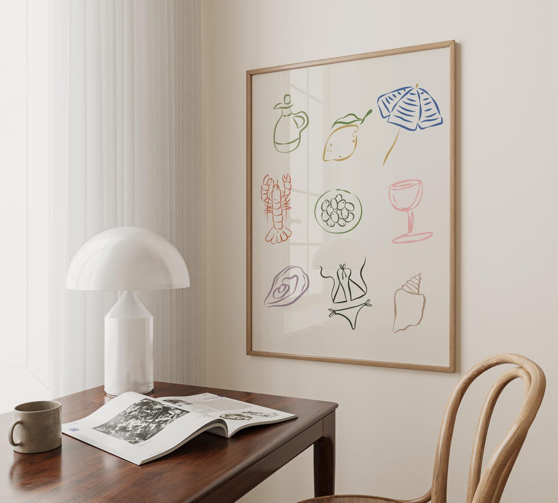 Mediterranean Summer Icons Lobster Lemon Shells Doodle Kitchen Poster - Image 3