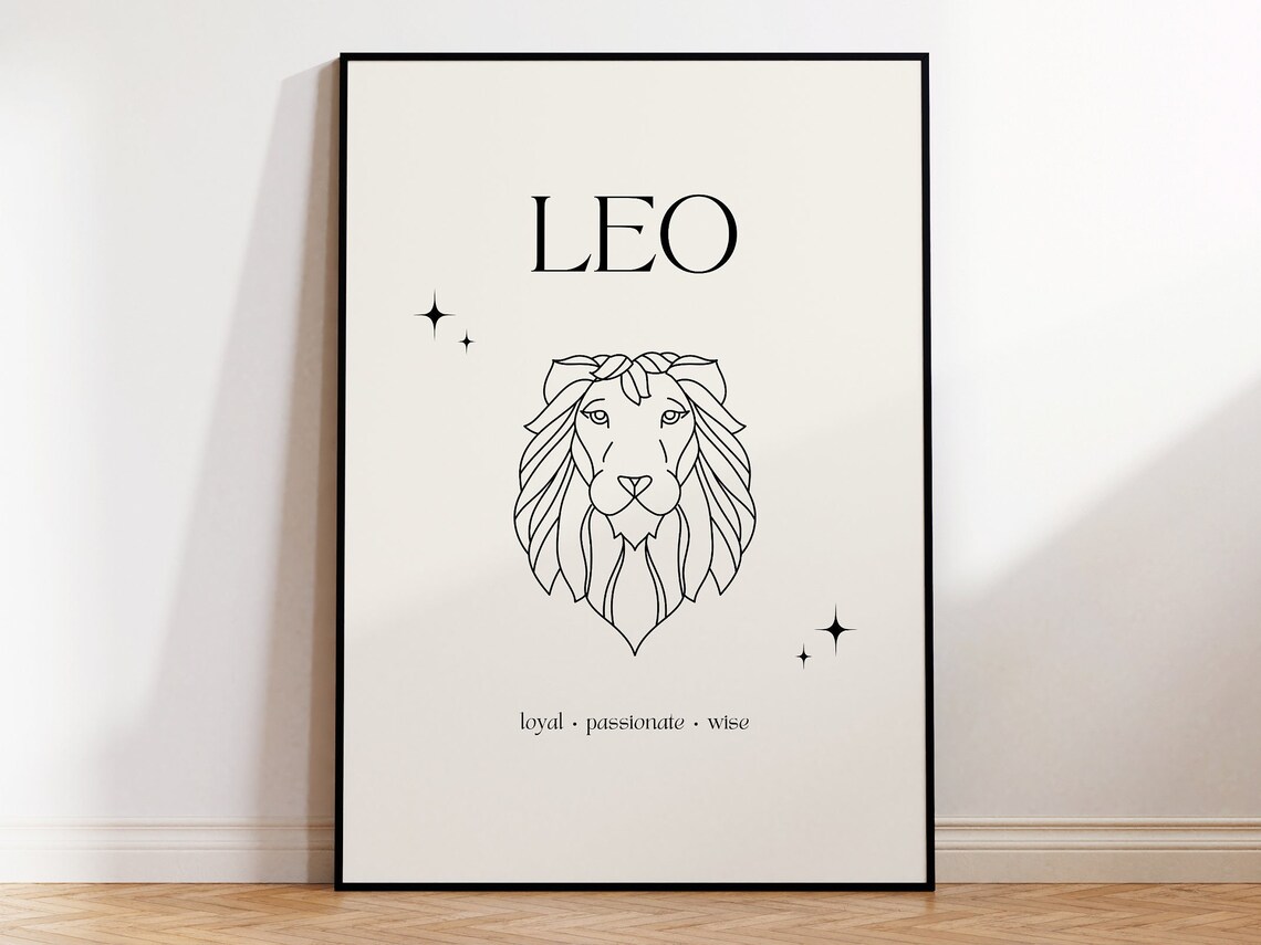 Leo Zodiac Sign Minimalist Lion Line Art Cream Beige Star Poster