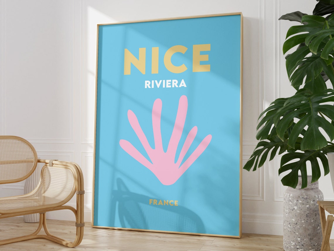 Nice Riviera France Minimalist Blue Pink Shell Travel Poster