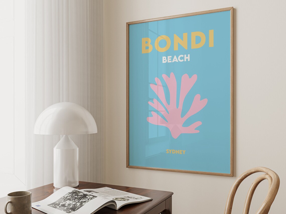 Bondi Beach Sydney Minimalist Light Blue Pink Coral Travel Poster - Image 3