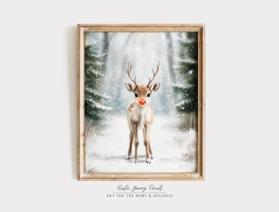 Cute Red Nose Reindeer Art Print Vintage Winter Wall Art Christmas Holiday Decor
