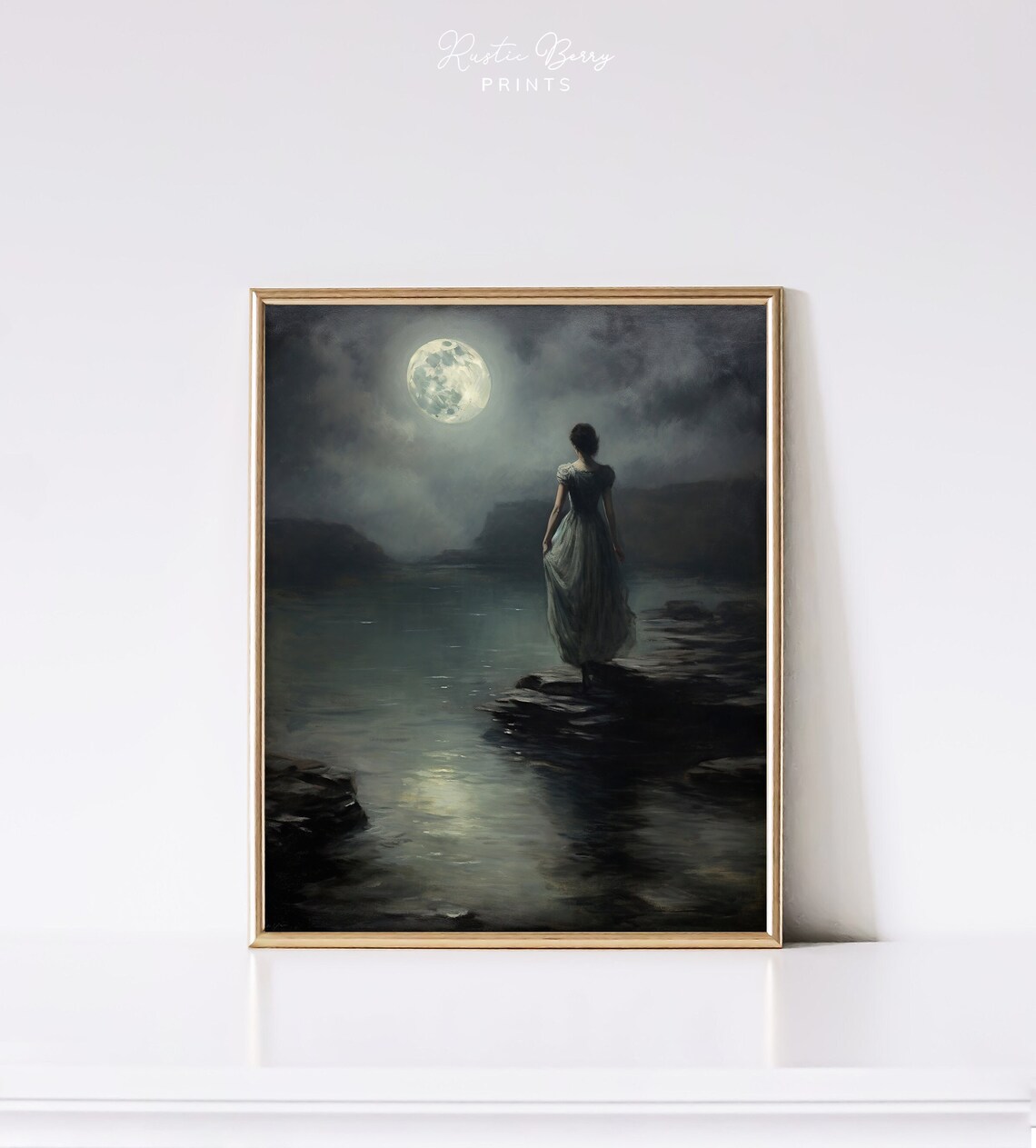 Woman by Moonlit Lake Under Full Moon Rocky Shore Moody Art Print