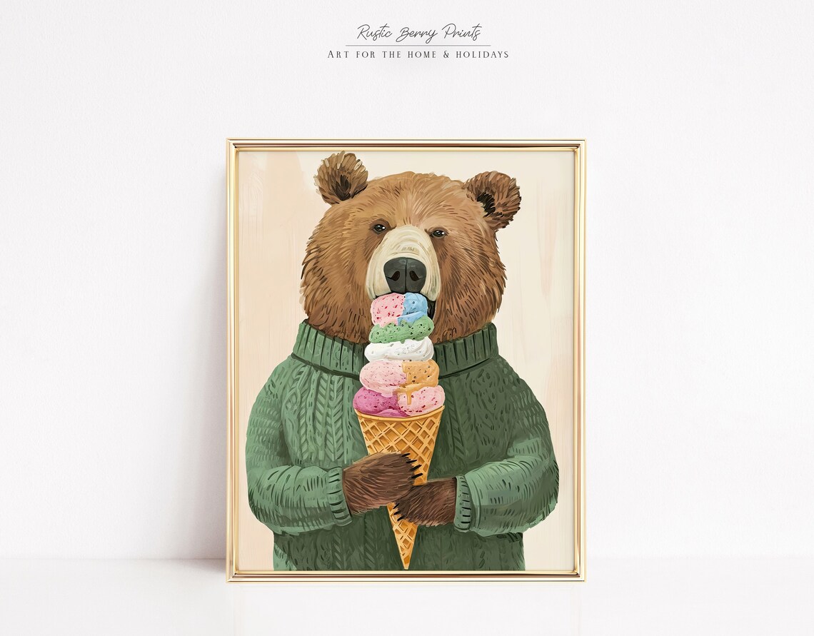 Bear Green Sweater Stacked Ice Cream Cone Cute Animal Illustration Print