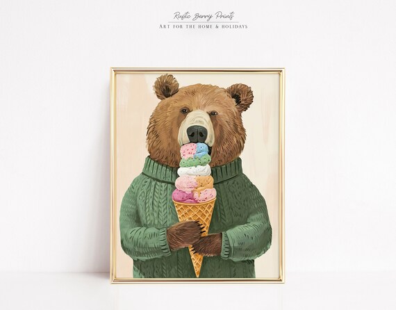 Bear Green Sweater Stacked Ice Cream Cone Cute Animal Illustration Print