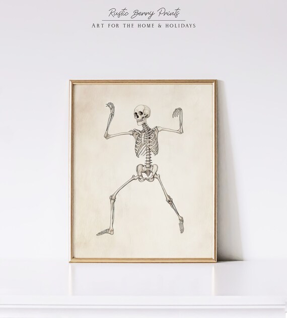 Dancing Skeleton Vintage Anatomy Sketch Spooky Halloween Wall Art Print