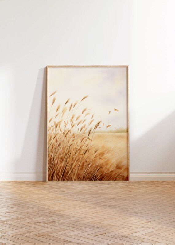 Golden Wheat Field in Soft Autumn Light Watercolor Landscape Print