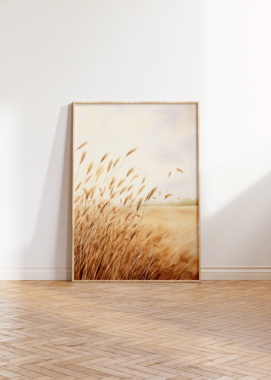 Golden Wheat Field in Soft Autumn Light Watercolor Landscape Print
