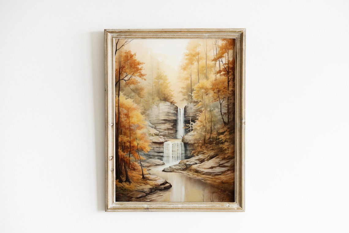 Golden Autumn Waterfall Landscape Misty Forest Stream Art Poster