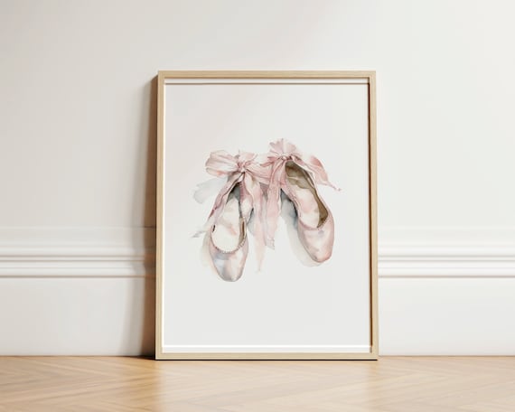 Pink Ballet Pointe Shoes with Ribbons Watercolor Nursery Art Poster