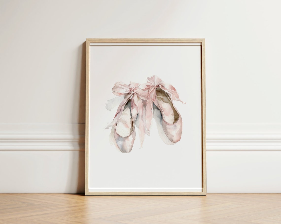 Pink Ballet Pointe Shoes with Ribbons Watercolor Nursery Art Poster