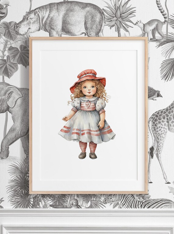 Little Girl in Red Hat Vintage Watercolor Nursery Illustration Print