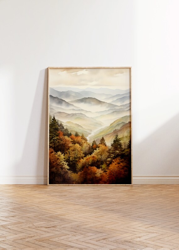 Misty Autumn Mountain Forest Watercolor Landscape Nature Poster
