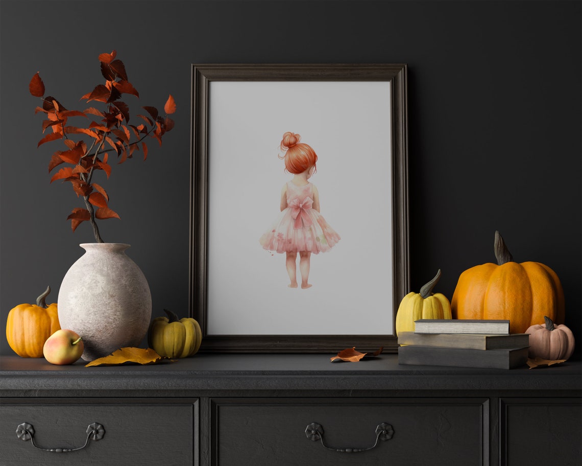 Red Haired Ballerina Toddler in Pink Tutu Watercolor Nursery Poster