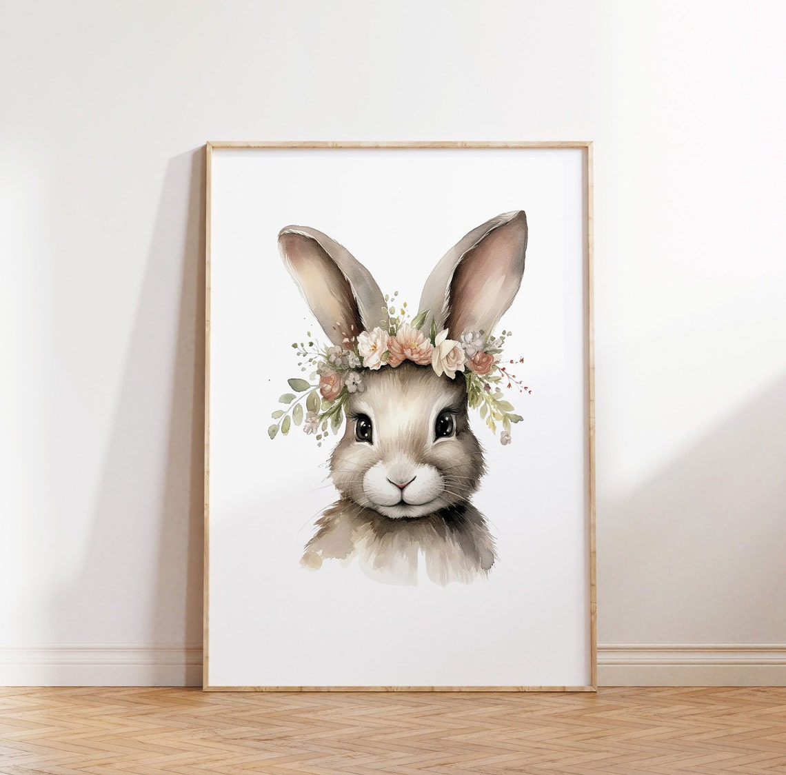 Adorable Bunny With Floral Crown Soft Watercolor Nursery Poster