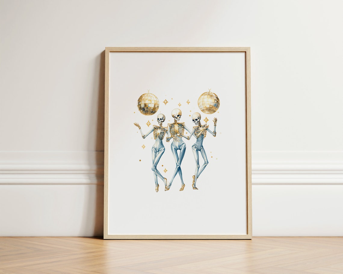 Disco Halloween Gold Stylish Dancing Skeletons Wall Decor Instant Watercolor Print