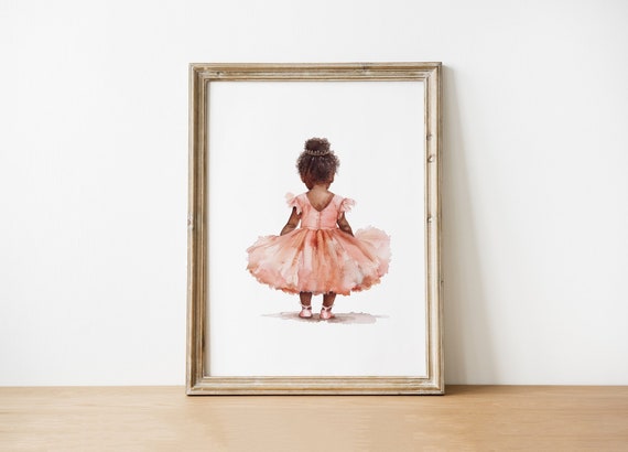 Little Girl In Pink Dress Watercolor Art Nursery Decor Ballerina Kids Room Wall