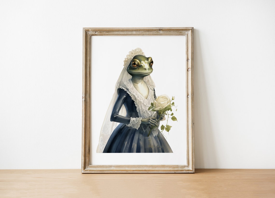 Halloween Frog Bride Witch Wall Art Vintage Toad Lover Painting Spooky Season Decor