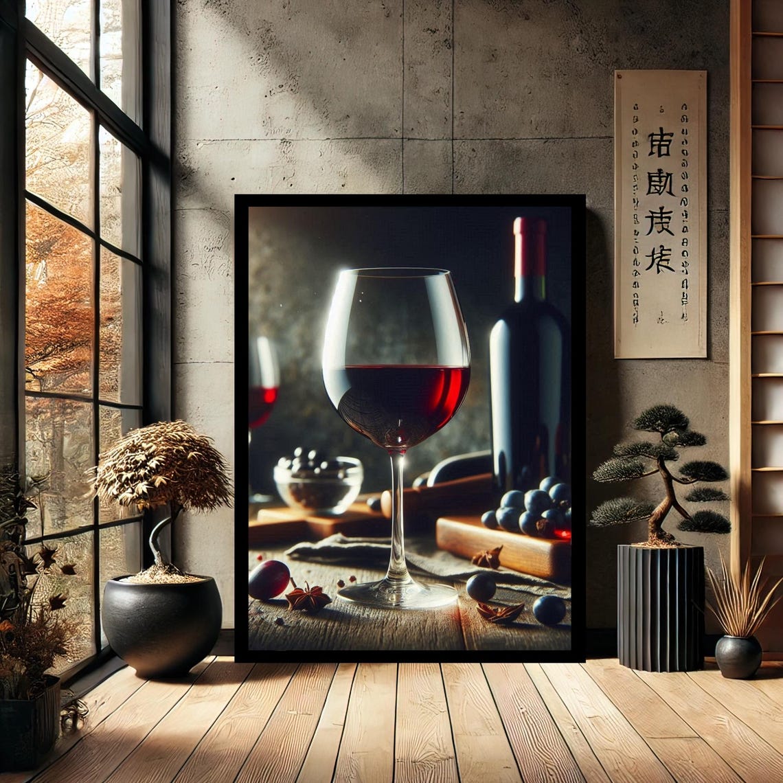 Red Wine Glass Bottle Grapes Moody Kitchen Still Life Poster
